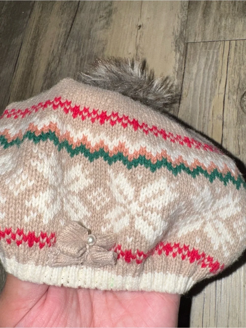 Kids Beige Pom Pom Knit Hat with Fair Isle Pattern
